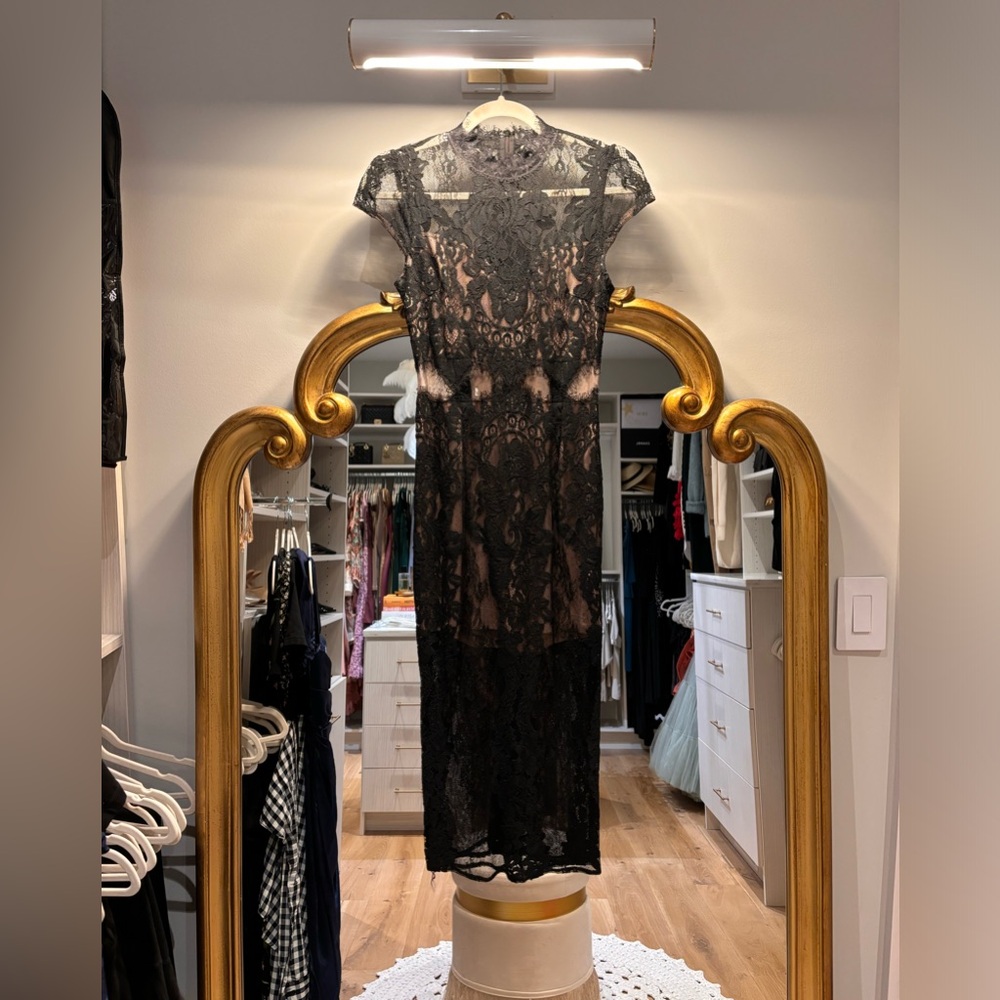 BLACK AND NUDE LACE MESH MIDI DRESS